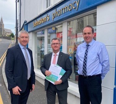 DUP leader Sir Jeffrey Donaldson visits Dromore community pharmacy as election campaign trail continues